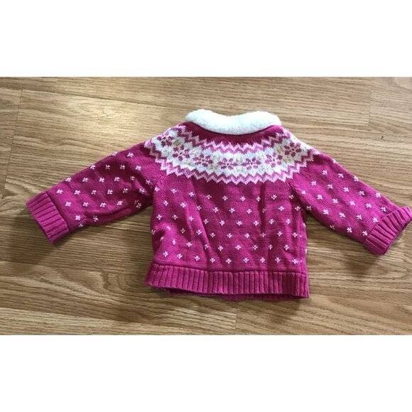 BabyGap Girls Pink Knit Cardigan Sweater W Sherpa Collar Fair Isle Pattern 6-12 - Picture 6 of 7
